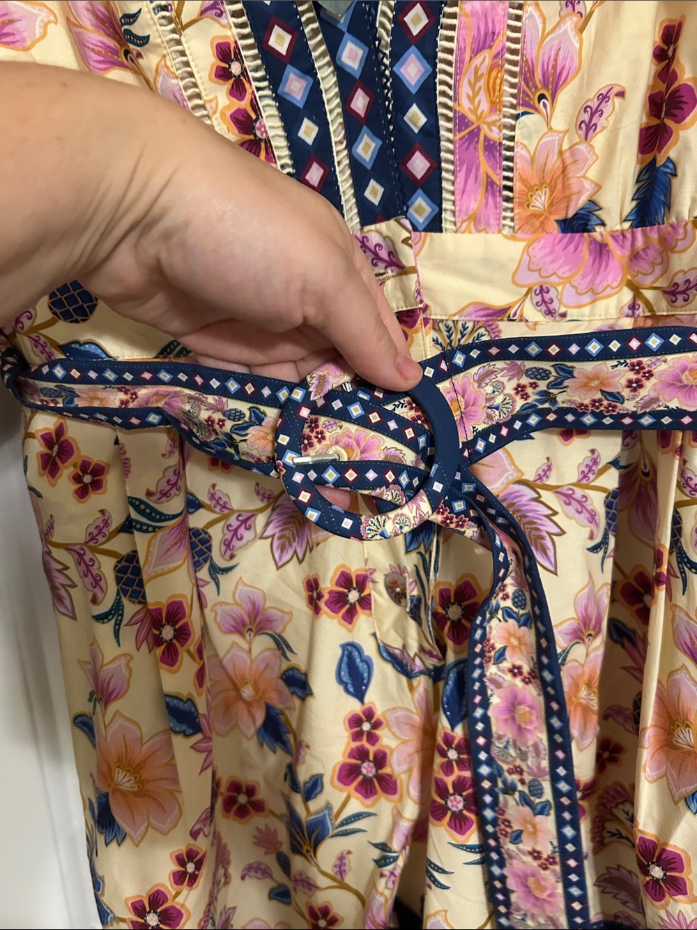 FARM Rio Cream Floral V-Neck Belted Romper with Navy Trim and Pink Blooms - Picture 5 of 5